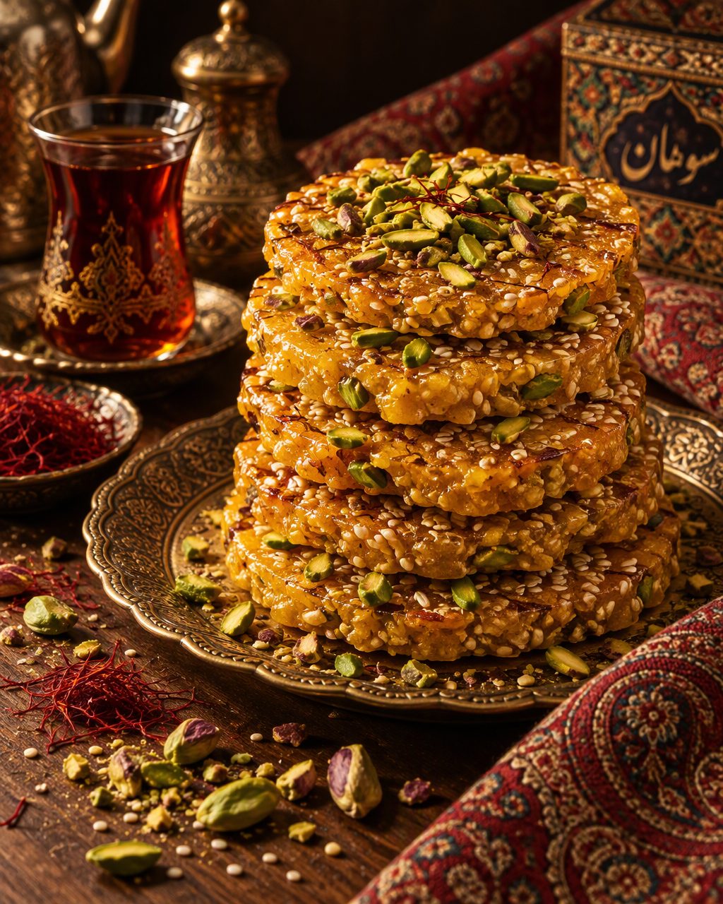 سوهان زعفرانی طلایی روی سینی برنجی تزئینی با پسته و چای زعفرانی